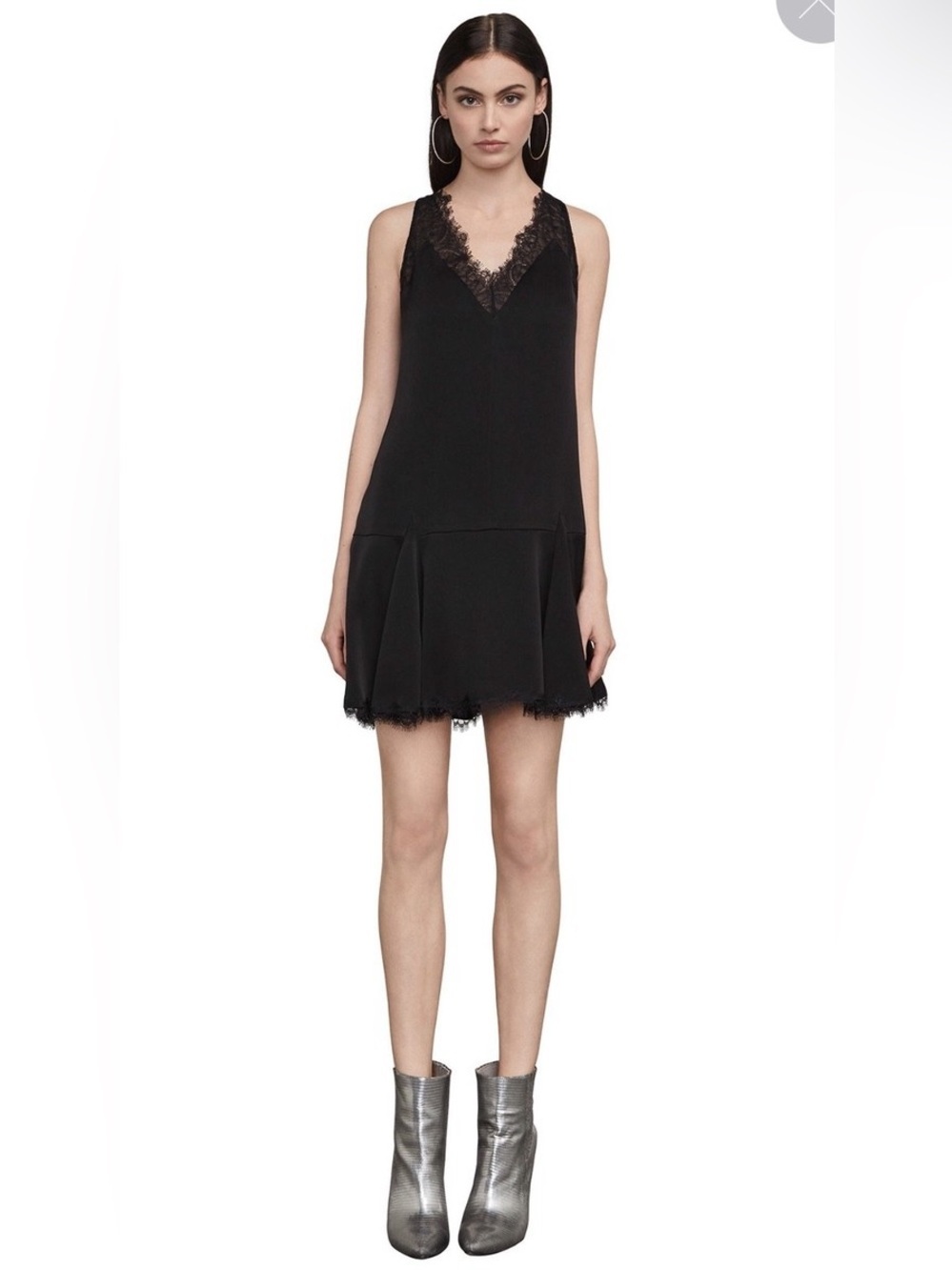 BCBG Maxazria Lace-Trim V-Neck Black Dress, Size L